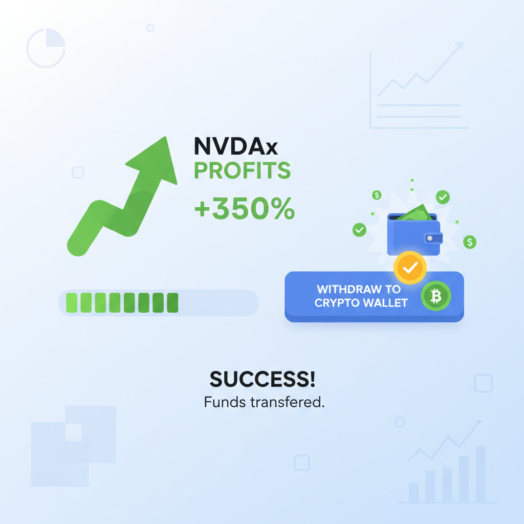 portfolio overview showing NVDAx profits, withdrawal button to crypto wallet, success animation