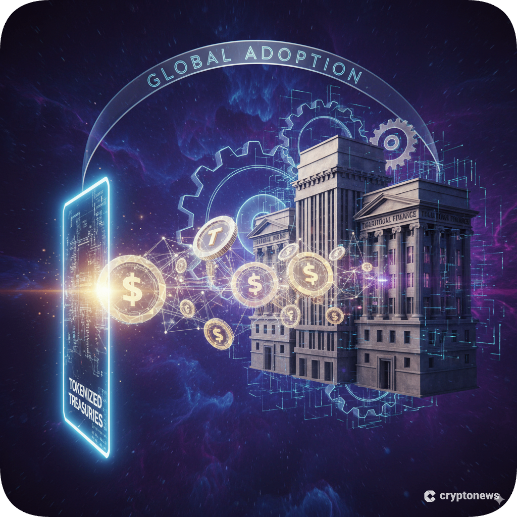 Digital tokens representing U.S. Treasuries and stocks displayed on a blockchain interface, symbolizing on-chain investment opportunities