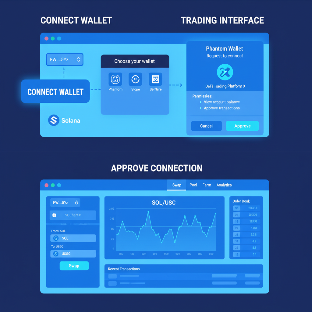 sleek web interface connecting Solana wallet to DeFi trading platform, futuristic UI, blue tones