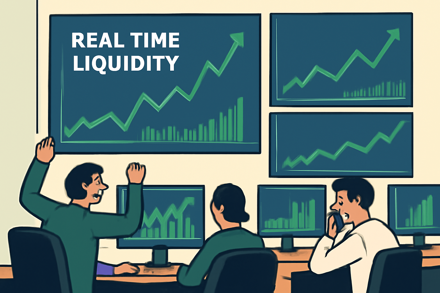 real-time liquidity charts surging, monitoring screens with green volume bars, energetic trading room atmosphere