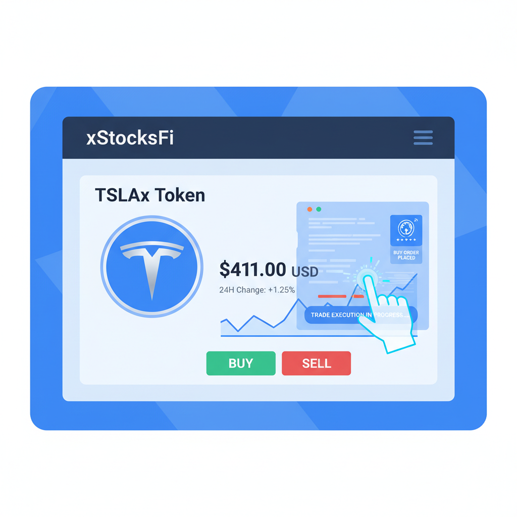 xStocksFi dashboard buying TSLAx token, Tesla logo tokenized, price chart at $411, holographic trade execution