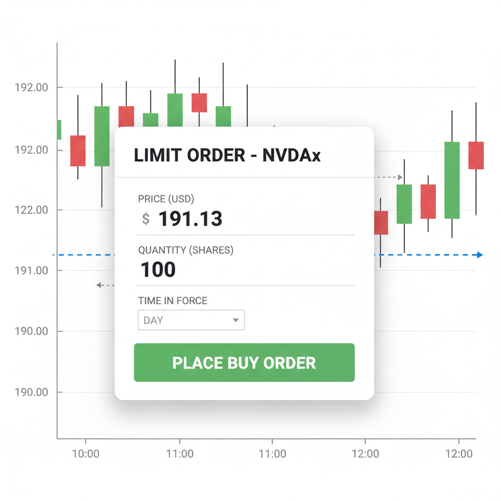 limit order form NVDAx at $191.13 price level, candlestick chart background