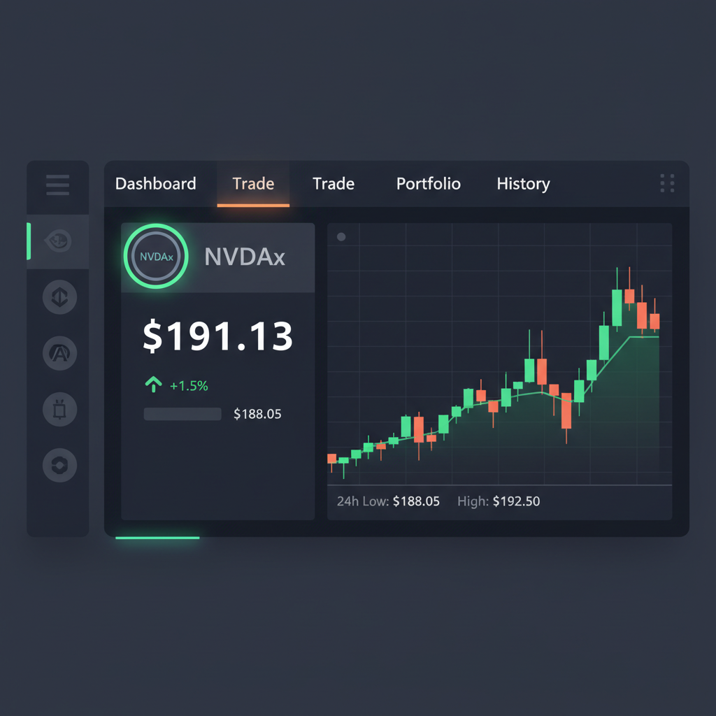 trading dashboard selecting NVDAx token, charts showing $191.13 price, dark mode UI