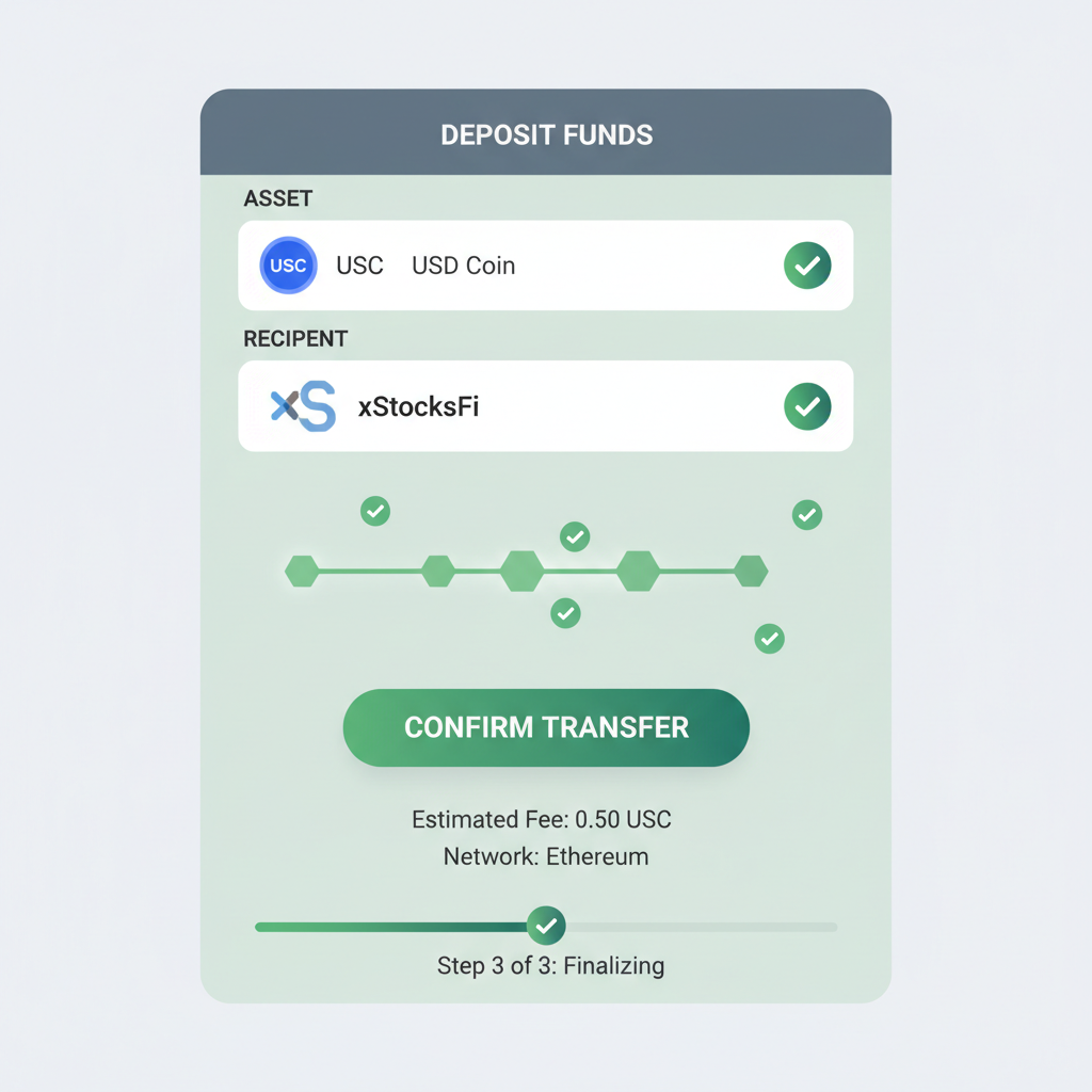 crypto wallet deposit interface showing USDC transfer to xStocksFi, green checkmarks, blockchain animation