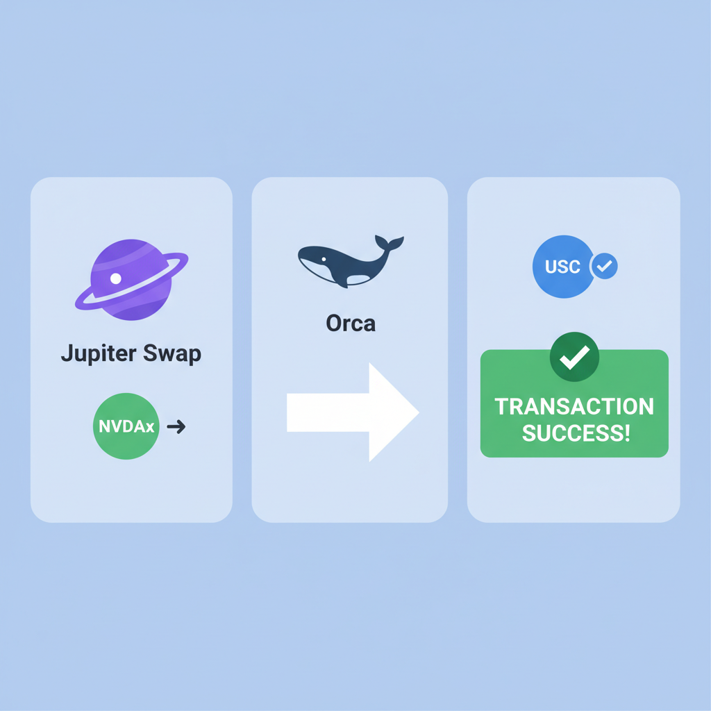 Jupiter swap selling NVDAx to USDC on Orca with success confirmation