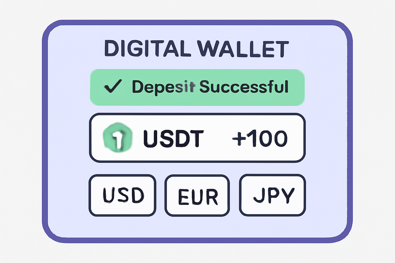 A digital wallet showing a deposit of USDT and fiat currency options, with a 'Deposit Successful' notification.