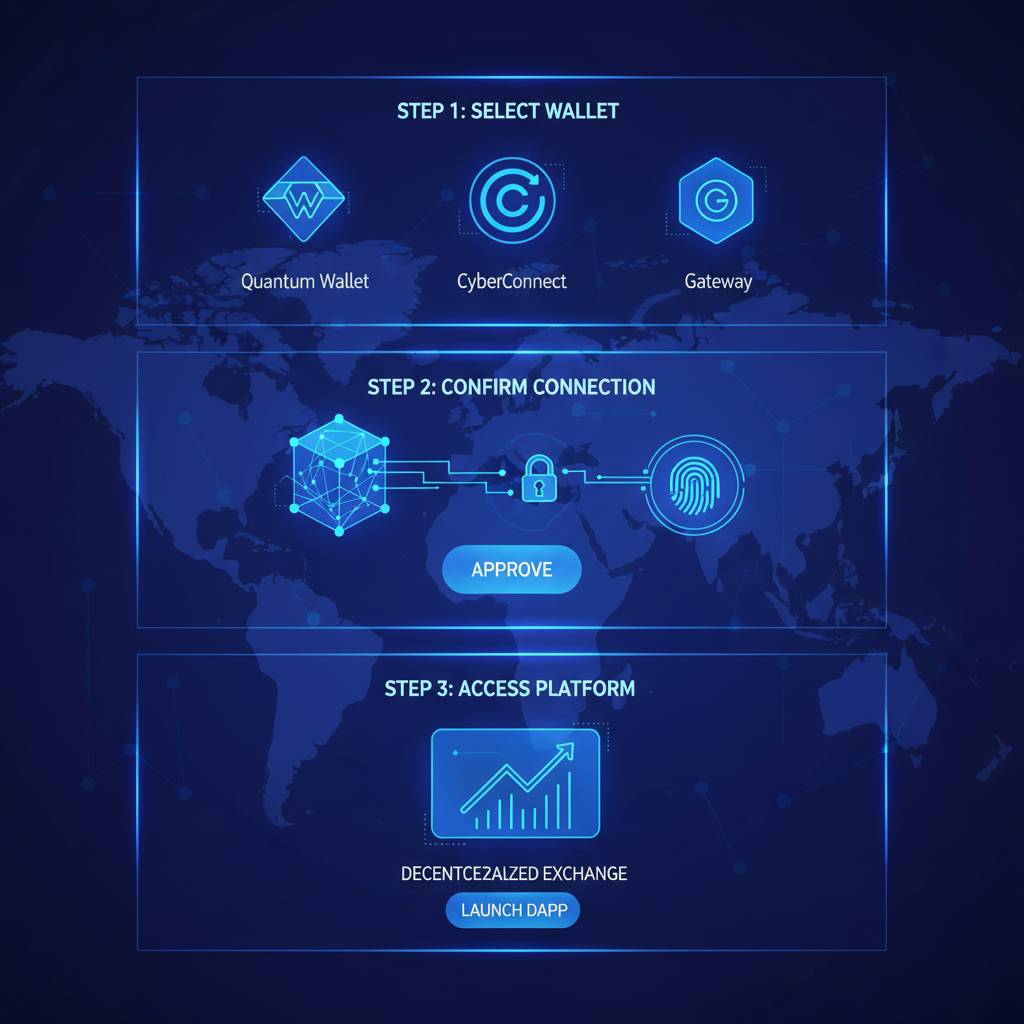 futuristic wallet connection interface on blockchain trading platform, neon blue tones