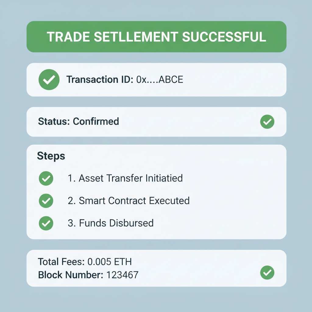 on-chain trade settlement screen success, blockchain explorer view, green checkmarks