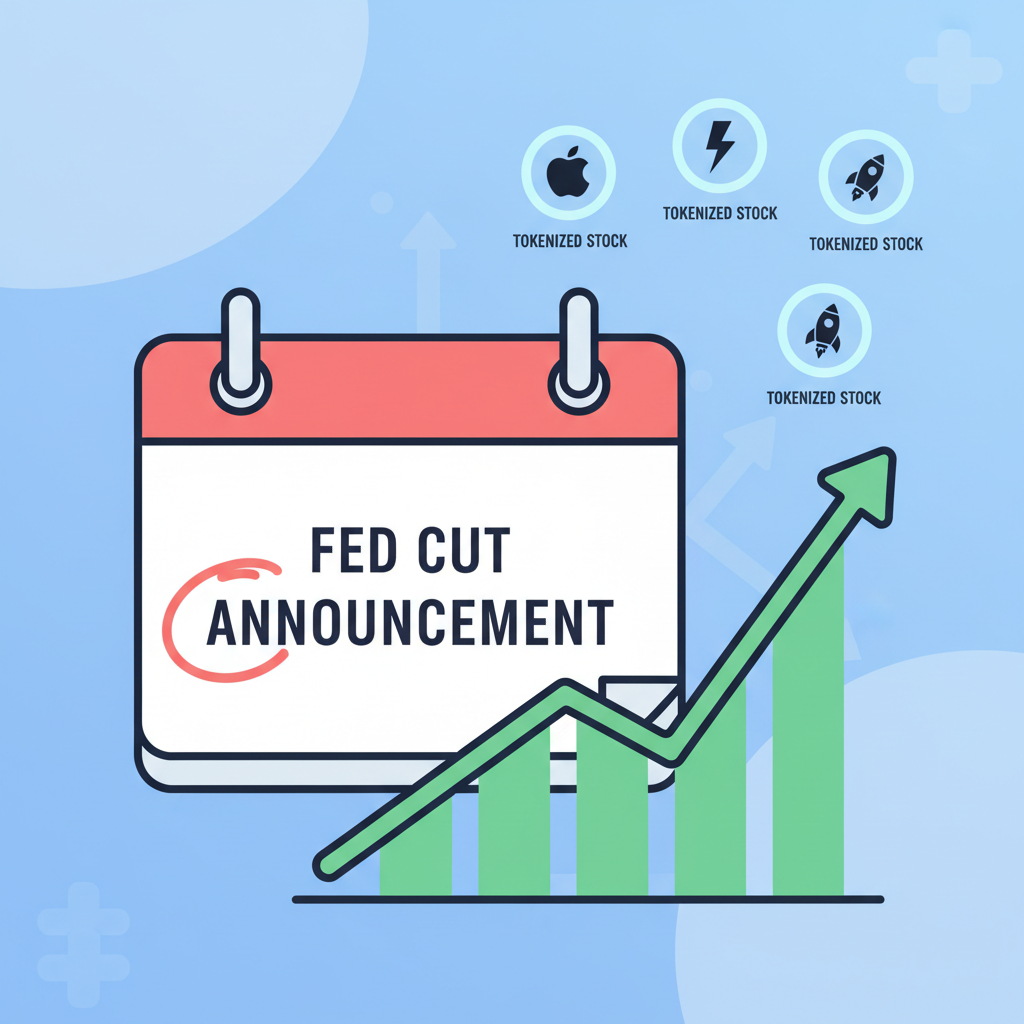 calendar Fed cut announcement overlay rising tokenized stock chart