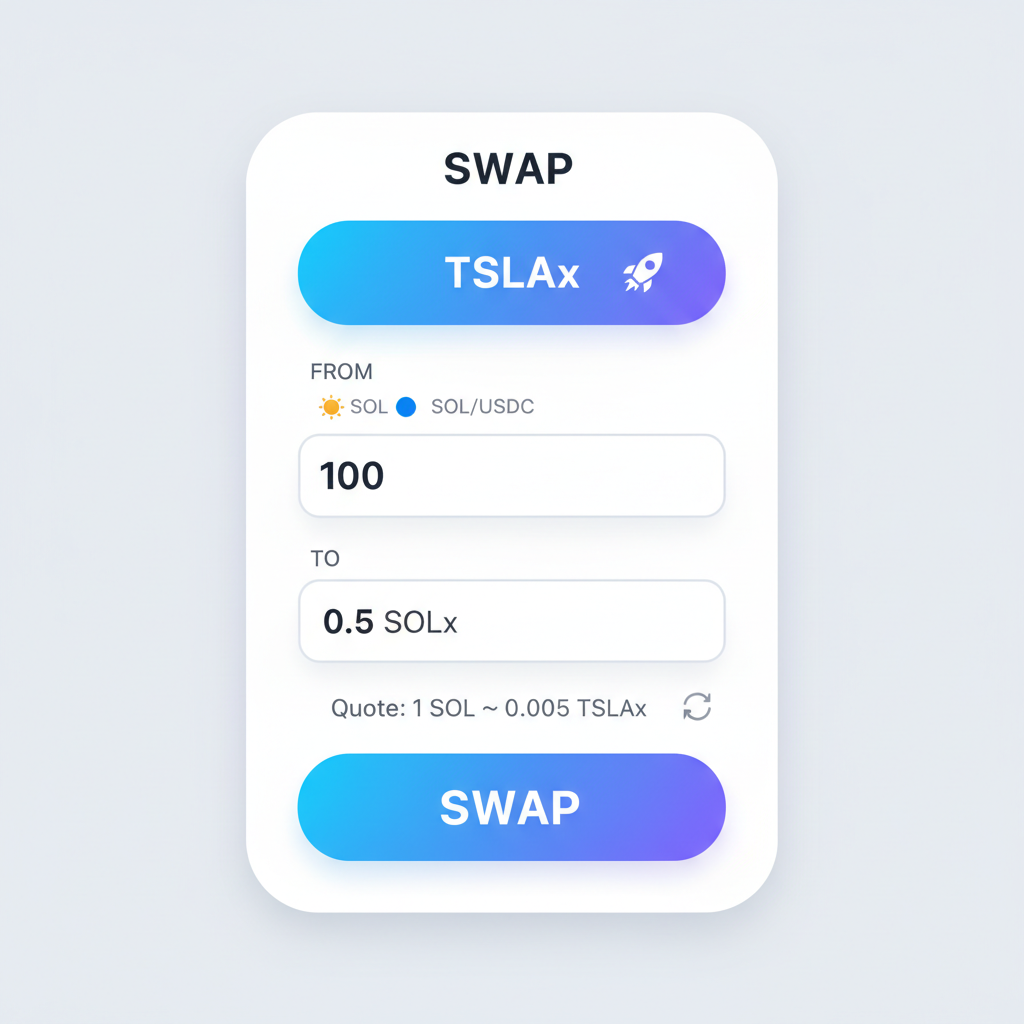 Phantom swap interface with TSLAx selected, input SOL/USDC, amount fields filled, quote displayed