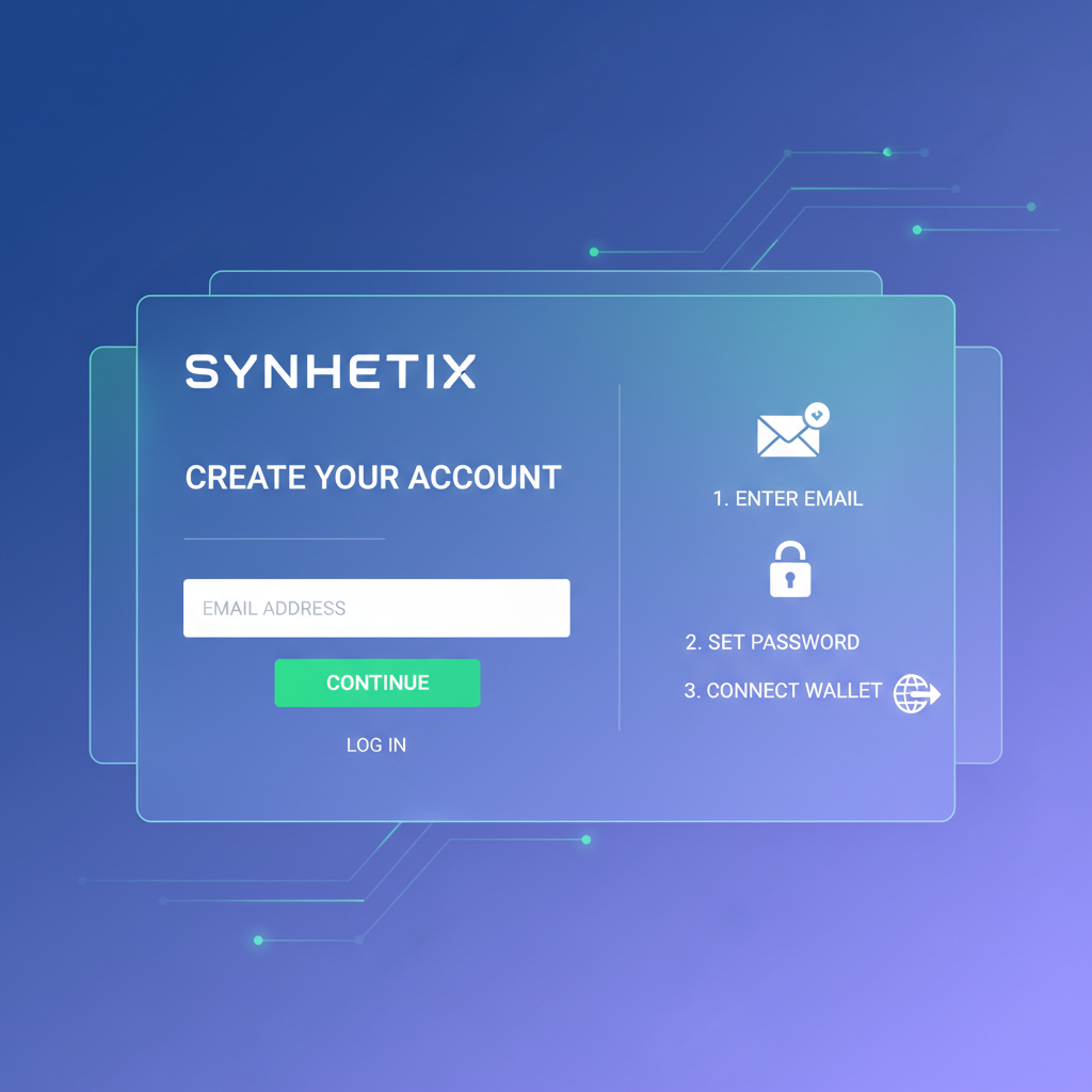 sleek Synthetix account creation screen with email login, futuristic UI