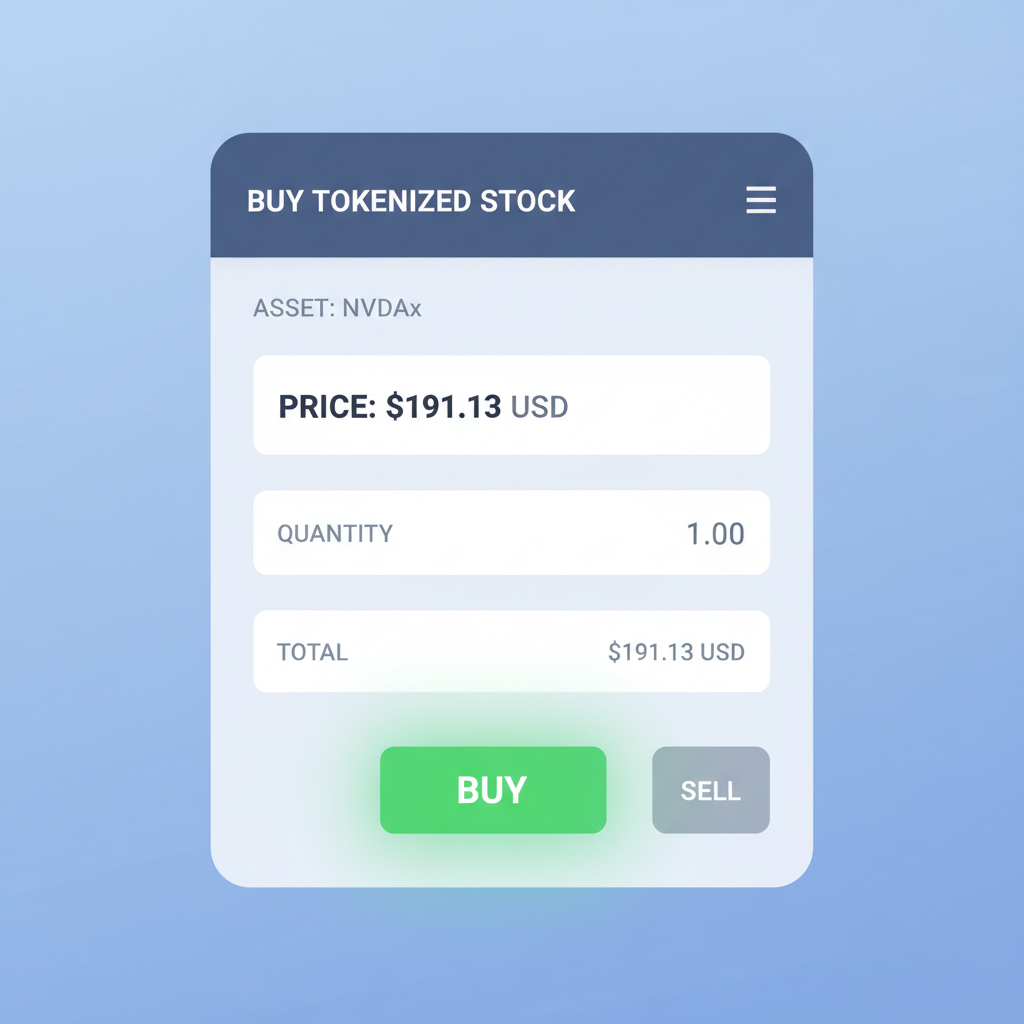 order placement screen buying NVDAx tokenized stock at $191.13, buy button glowing green