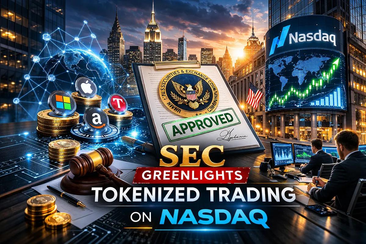 Vibrant graphic illustrating tokenized Russell 1000 stocks flowing from Nasdaq to Kraken xStocksFi blockchain, Nasdaq tokenized securities pilot on-chain trading