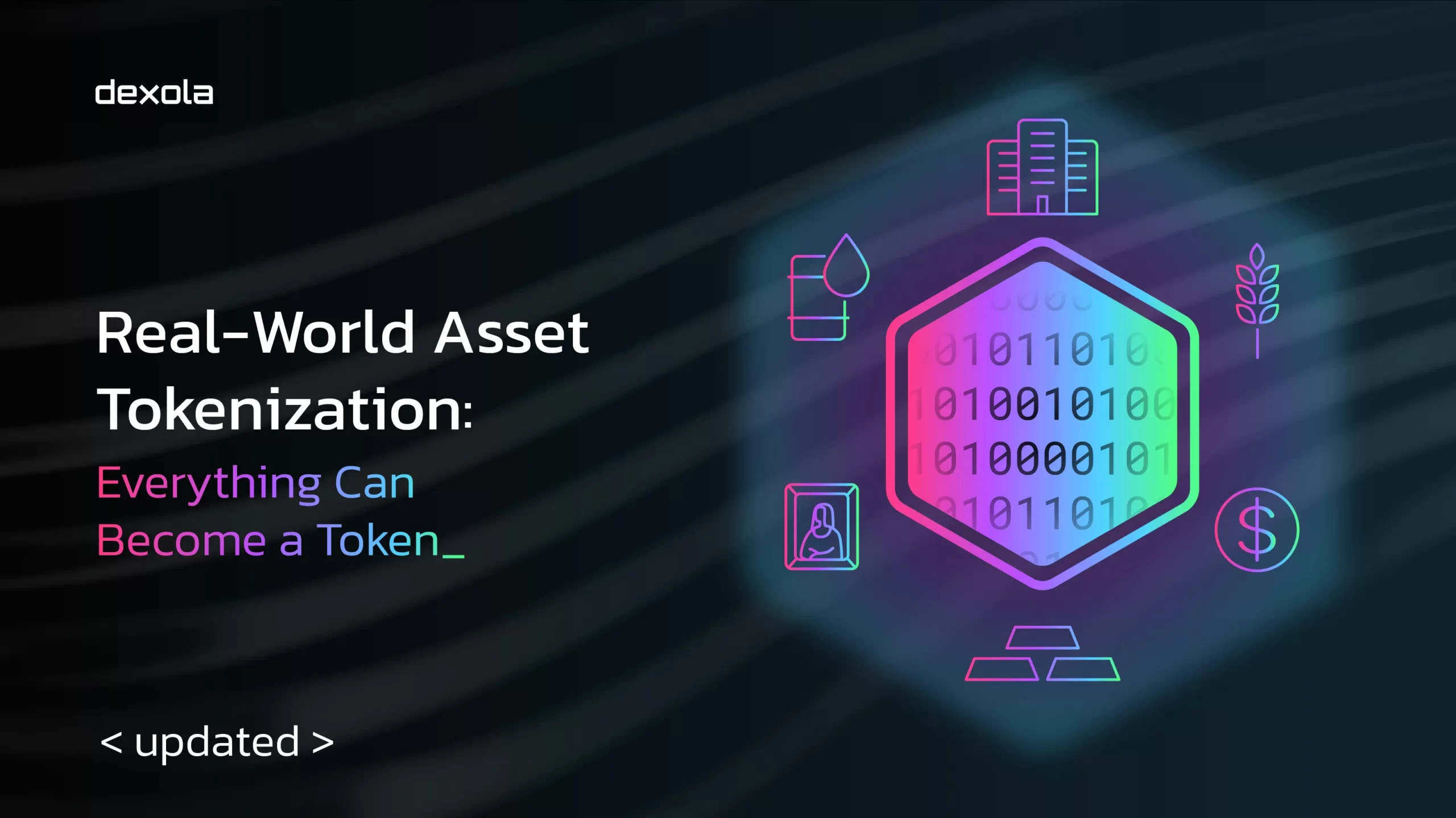 Fractional ownership concept illustration showing digital tokens linked to real-world assets like buildings and artwork, representing tokenized equities on blockchain.