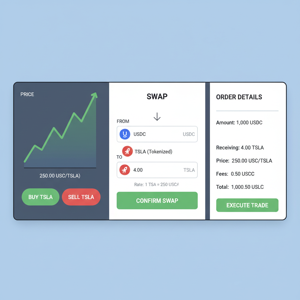 trading terminal buying tokenized TSLA with USDC swap interface