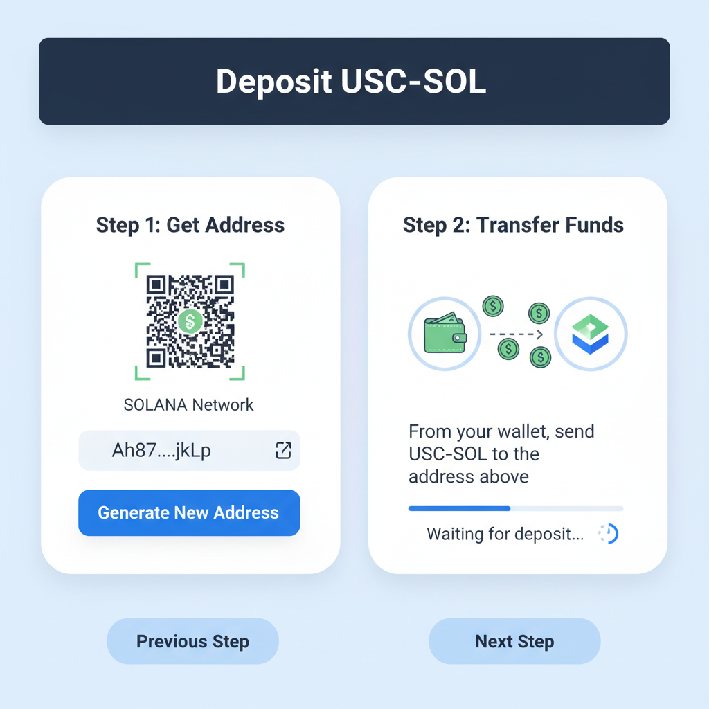 deposit interface for USDC SOL on crypto exchange, wallet transfer animation