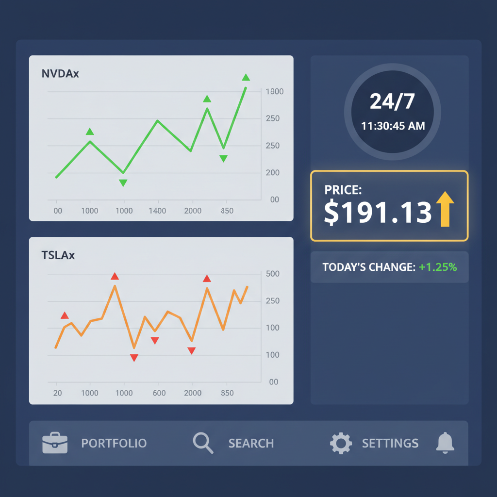 dynamic trading dashboard displaying NVDAx and TSLAx charts, 24/7 clock, price $191.13 highlighted