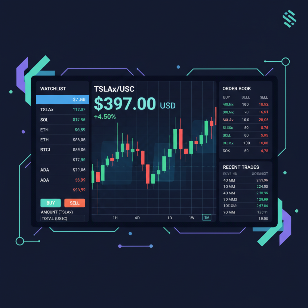 crypto trading dashboard highlighting TSLAx token at $397 price chart, candlesticks, Solana blockchain theme