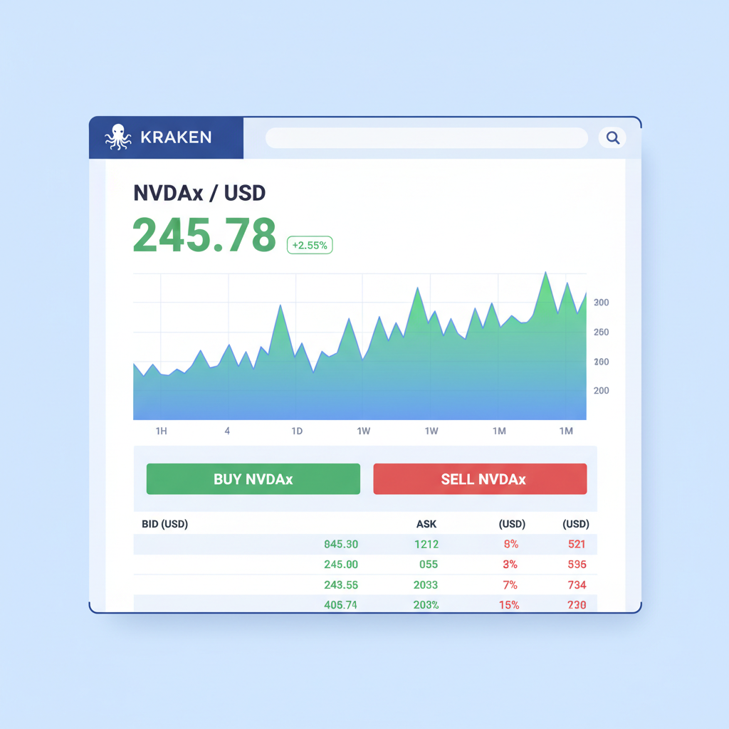 Kraken exchange page with NVDAx trading pair and price chart