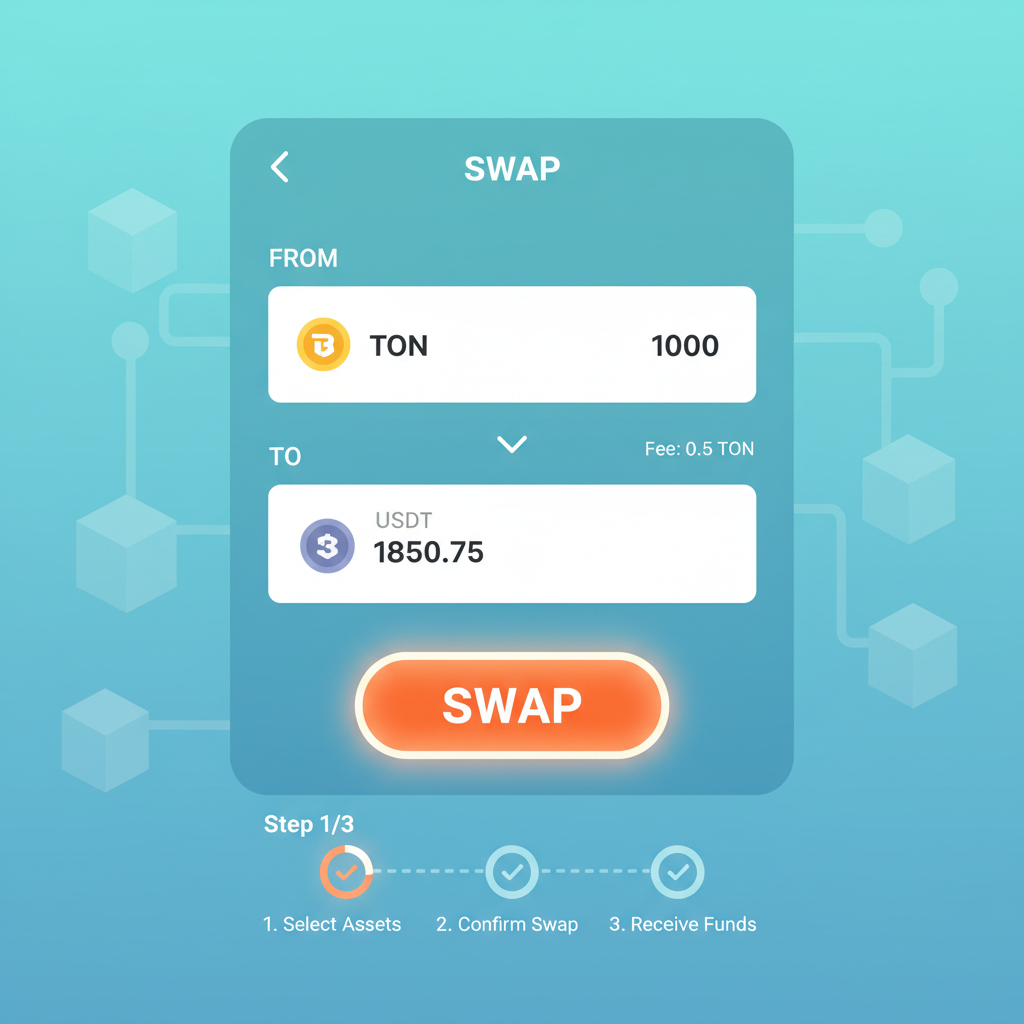 TON Wallet swap interface open, swap button highlighted, clean UI with TON blockchain background
