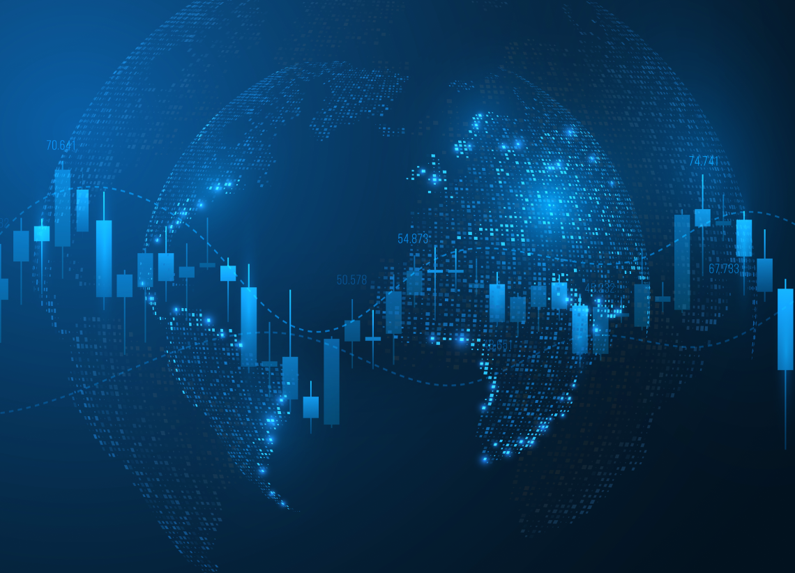 Graphical illustration of tokenized stocks trading 24/7 on blockchain, featuring digital stock tokens, blockchain symbols, and a clock representing continuous trading.