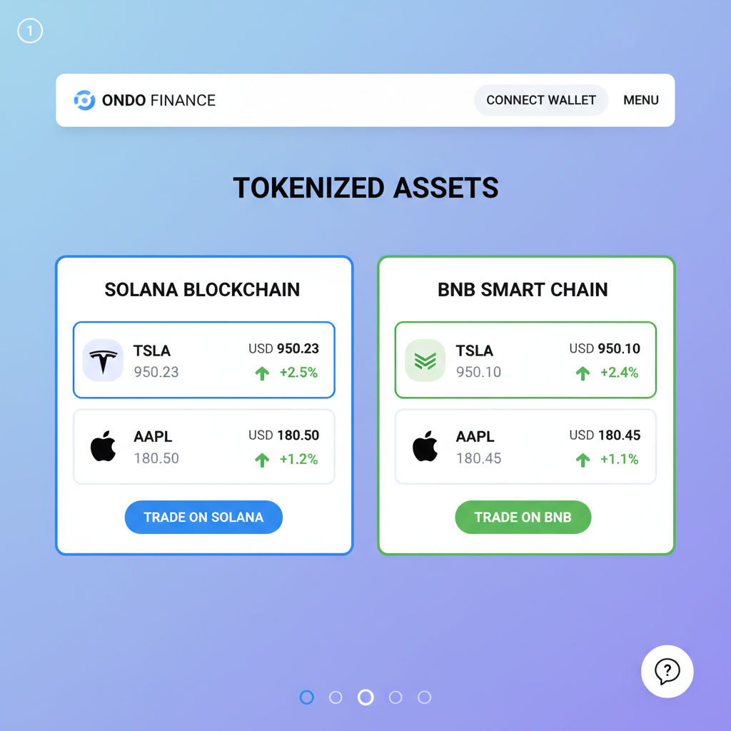 modern Ondo Finance dashboard listing tokenized TSLA AAPL stocks on Solana BNB