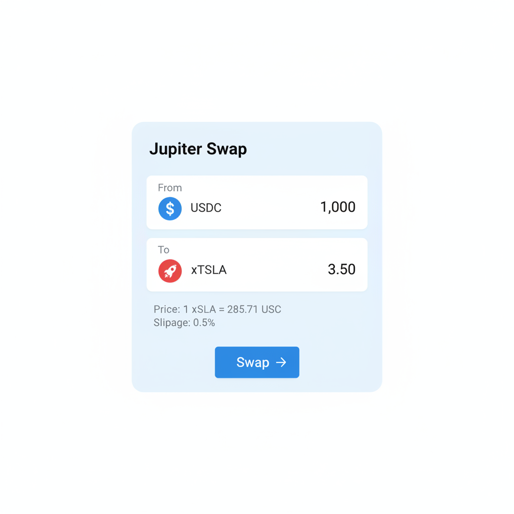 Jupiter swap screen USDC to xTSLA with prices displayed