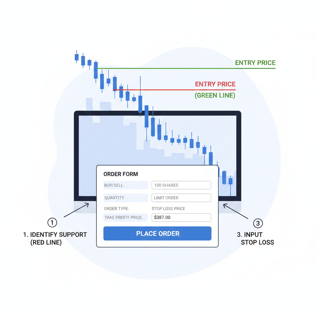 trading order form setting stop-loss on chart at support level, red line at $387, green entry at $397