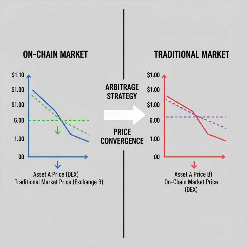 split screen arbitrage graph on-chain vs traditional market prices converging