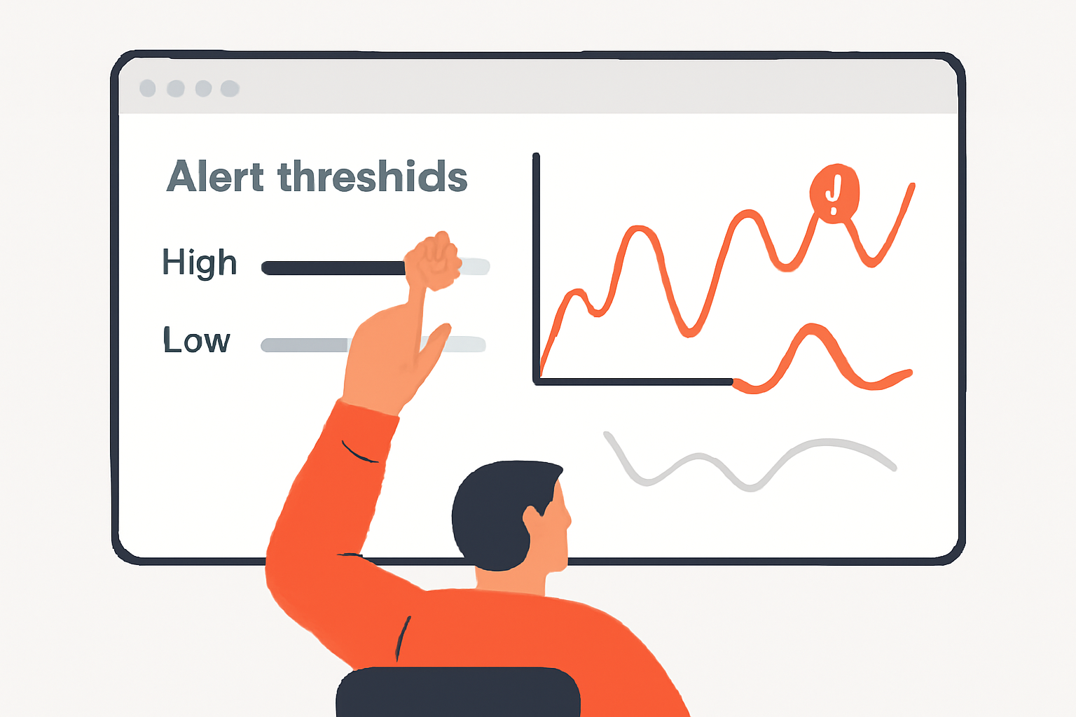 A user adjusting alert thresholds on a web dashboard, with fluctuating price graphs and notification icons.