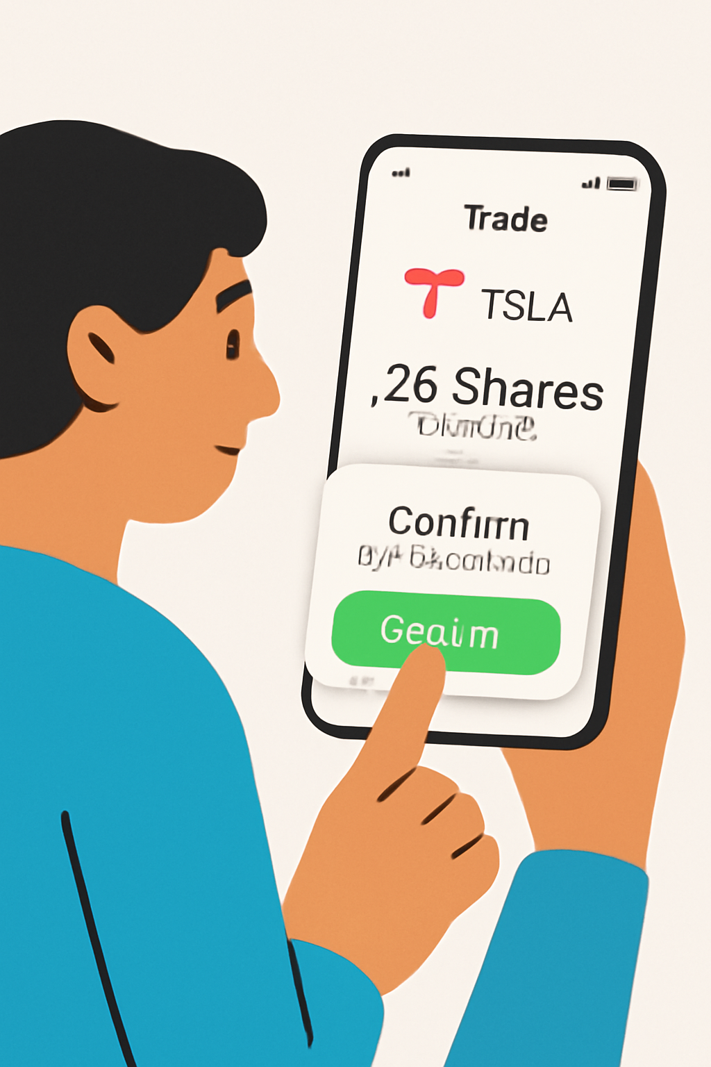 A user confirming a trade for fractional Tesla stock on a modern trading app, with a confirmation pop-up.