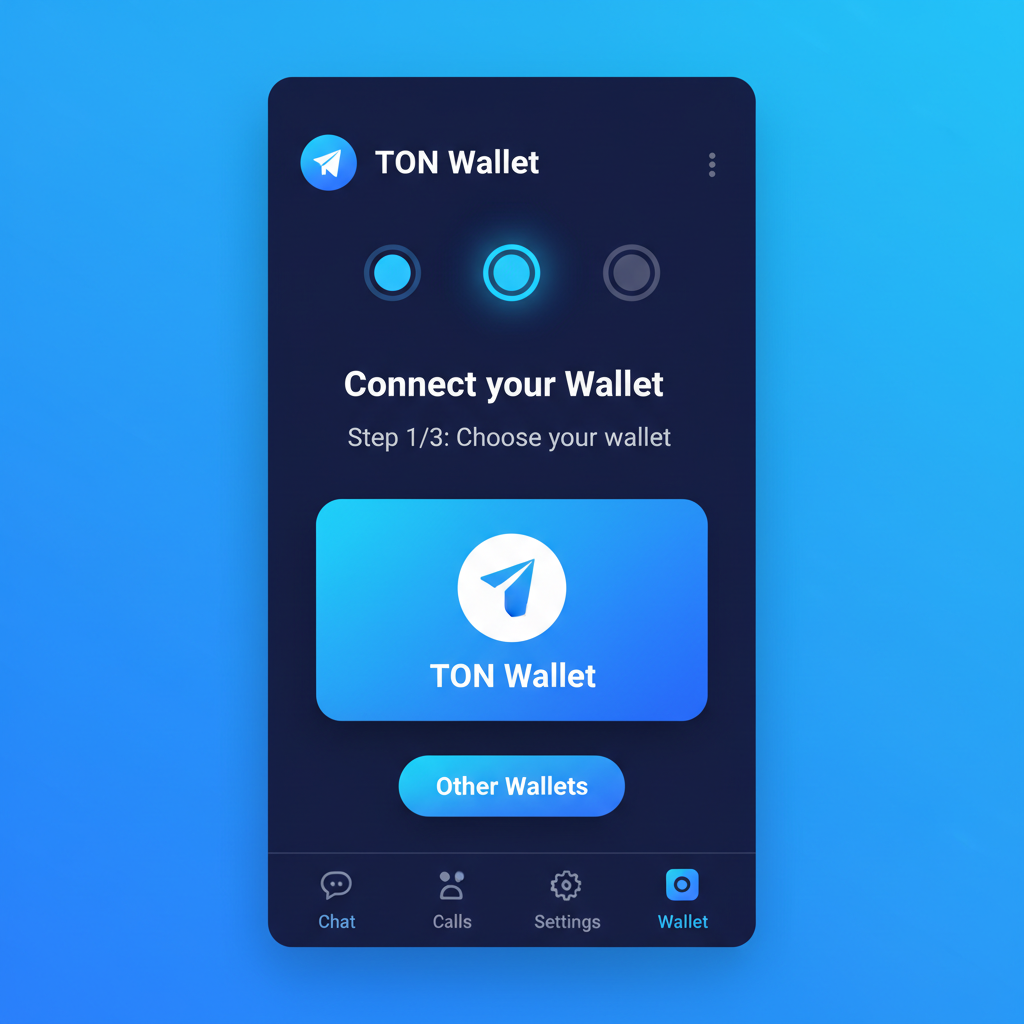 mobile telegram app showing ton wallet connection interface futuristic blue tones