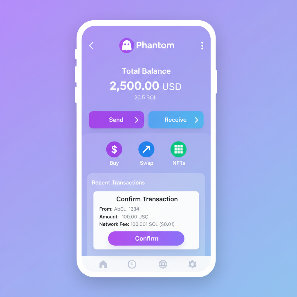 Solana Phantom wallet interface with USDC balance and SOL gas, clean UI