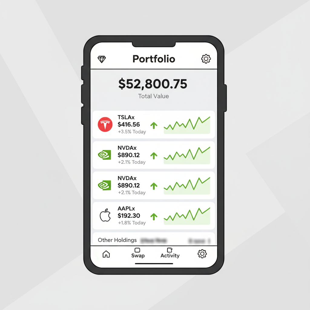 TON Wallet portfolio screen showing TSLAx NVDAx AAPLx holdings, price charts with $416.56 TSLA, bullish trends