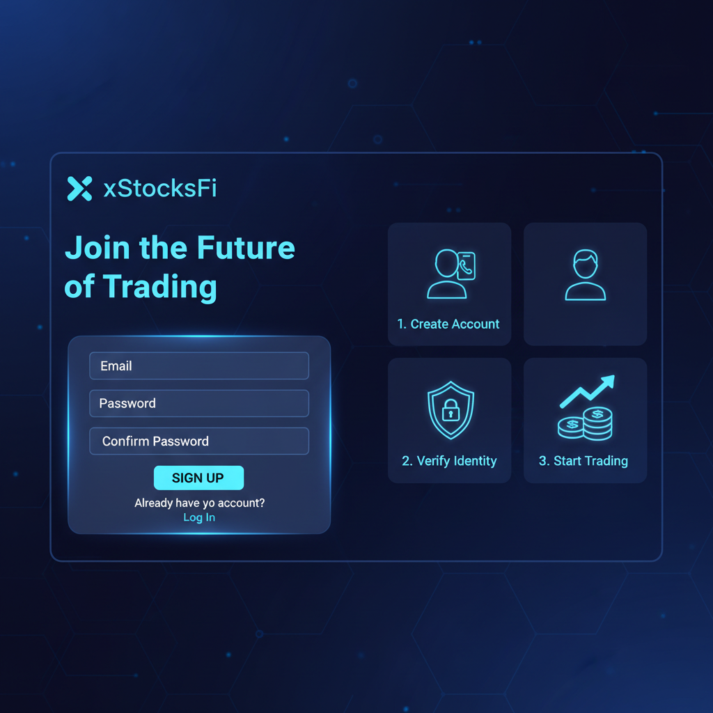 sleek crypto trading platform signup screen with xStocksFi logo, neon blue tones, futuristic UI