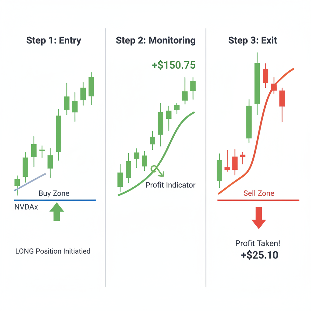 active trade execution with candlestick charts, NVDAx long position, profit indicators rising