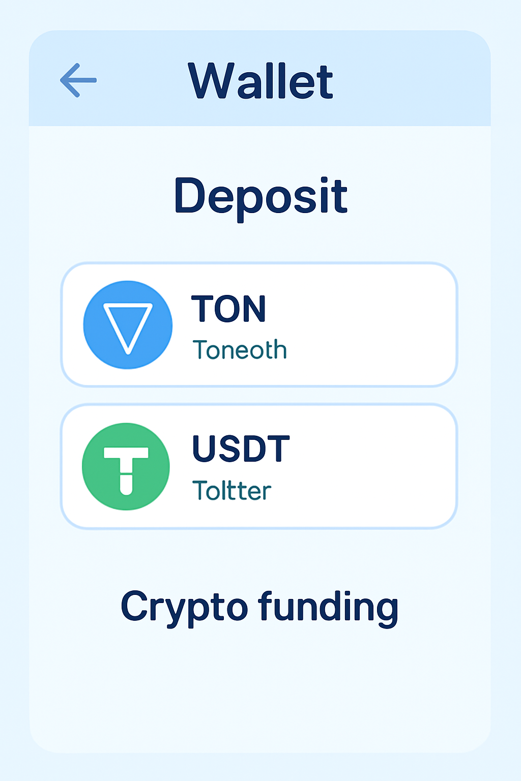 Telegram Wallet screen showing deposit TON USDT options, crypto funding interface