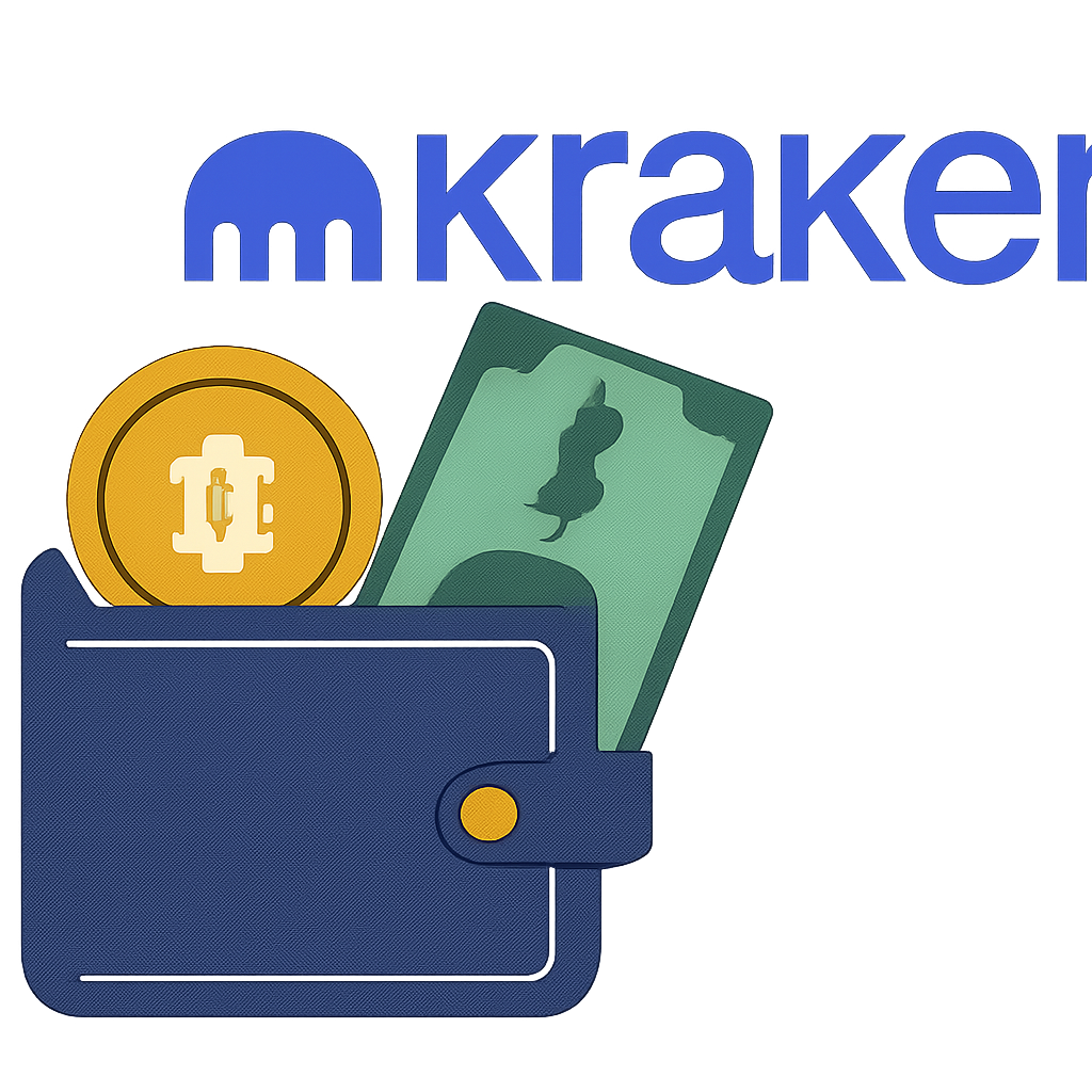 a digital wallet with Bitcoin and dollar bills being deposited, Kraken logo in the background, clear and simple style